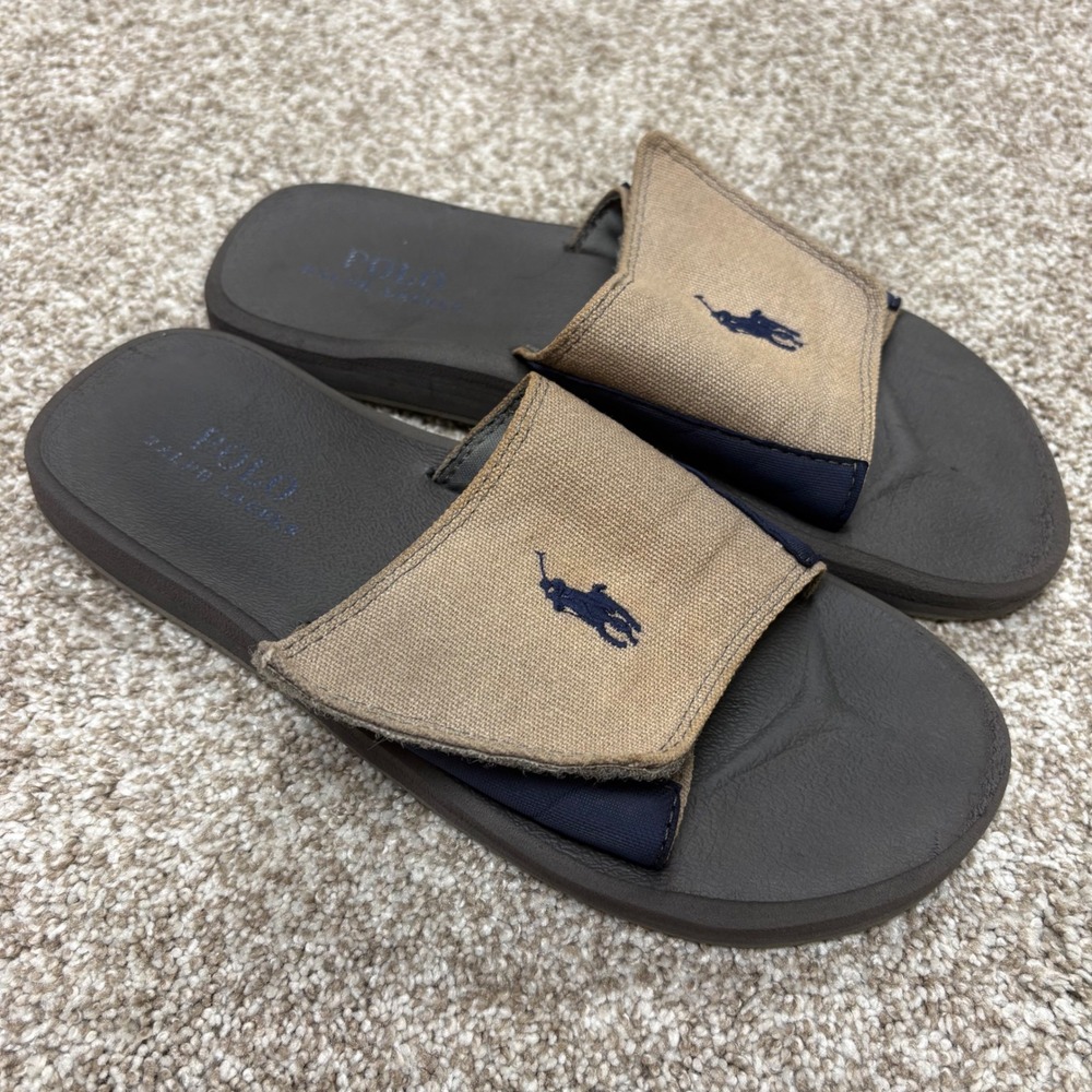 Polo Ralph Lauren Slide Sandals Mens Brown Tan Canvas Logo Slip On Shoes